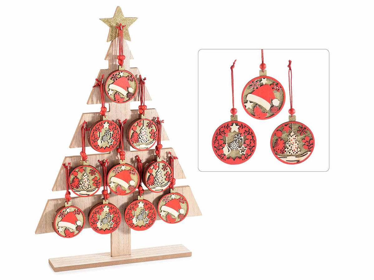 Espositore ad albero di Natale in legno con 30 decori natalizi in legno, Ø 6 cm