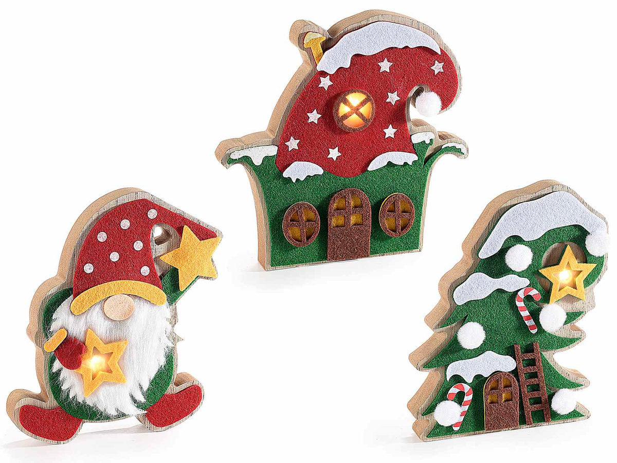 Decorazioni natalizie in legno e panno con luci LED a forma casetta, albero, set da 6 pezzi, cm 16,5 x 2,5 x 16 H