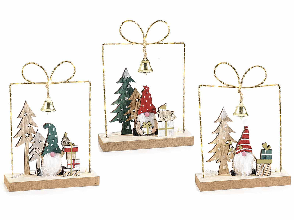 Decorazioni di Natale in legno e metallo con luci LED da appoggiare a pacchetto, set da 3 pezzi, cm 15 x 5 x 19 H