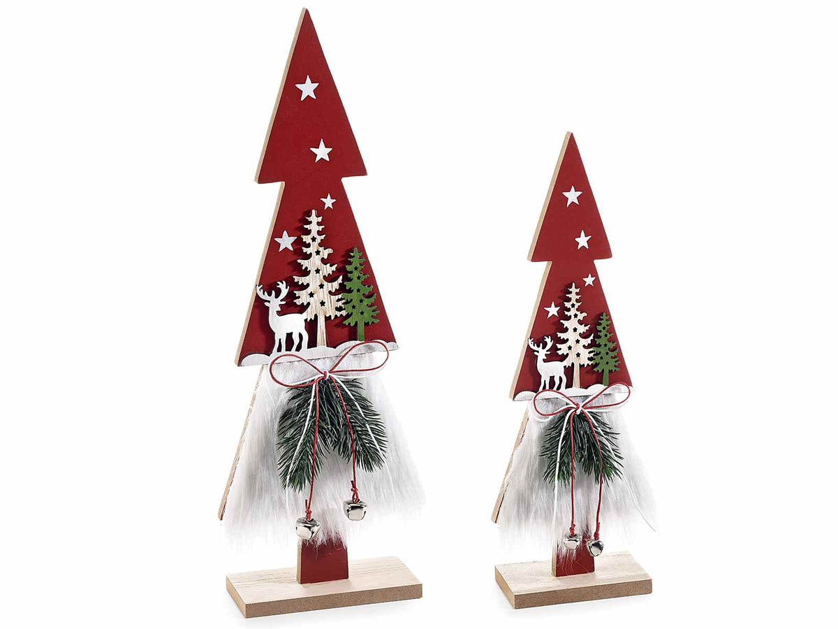 Alberi di Natale in legno ed eco pelliccia con campanelle, set da 2 pezzi, Grande: cm 12,5 x 5 x 35 H