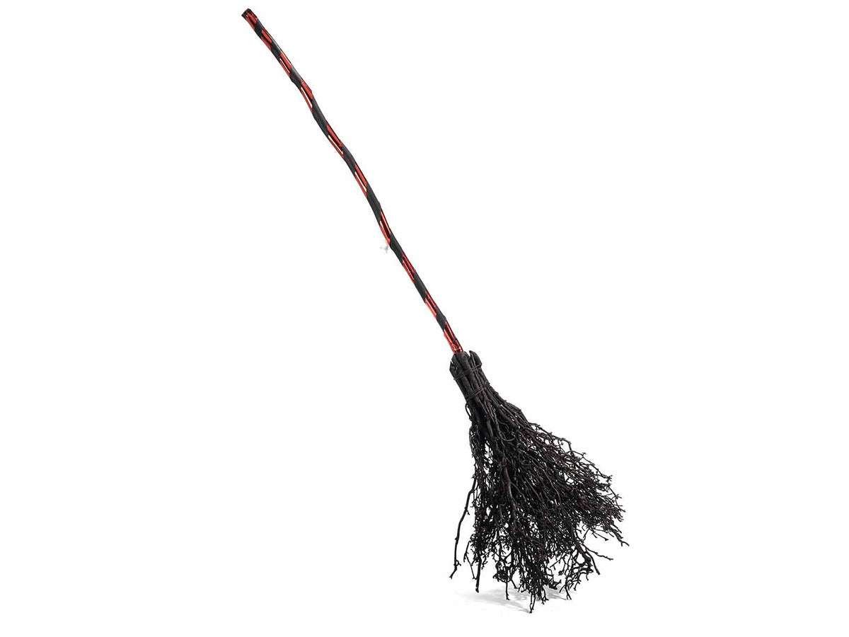 Scopa befana / strega in legno con manico con nastro rosso. Ideale come, set da 2 pezzi, cm 92 H