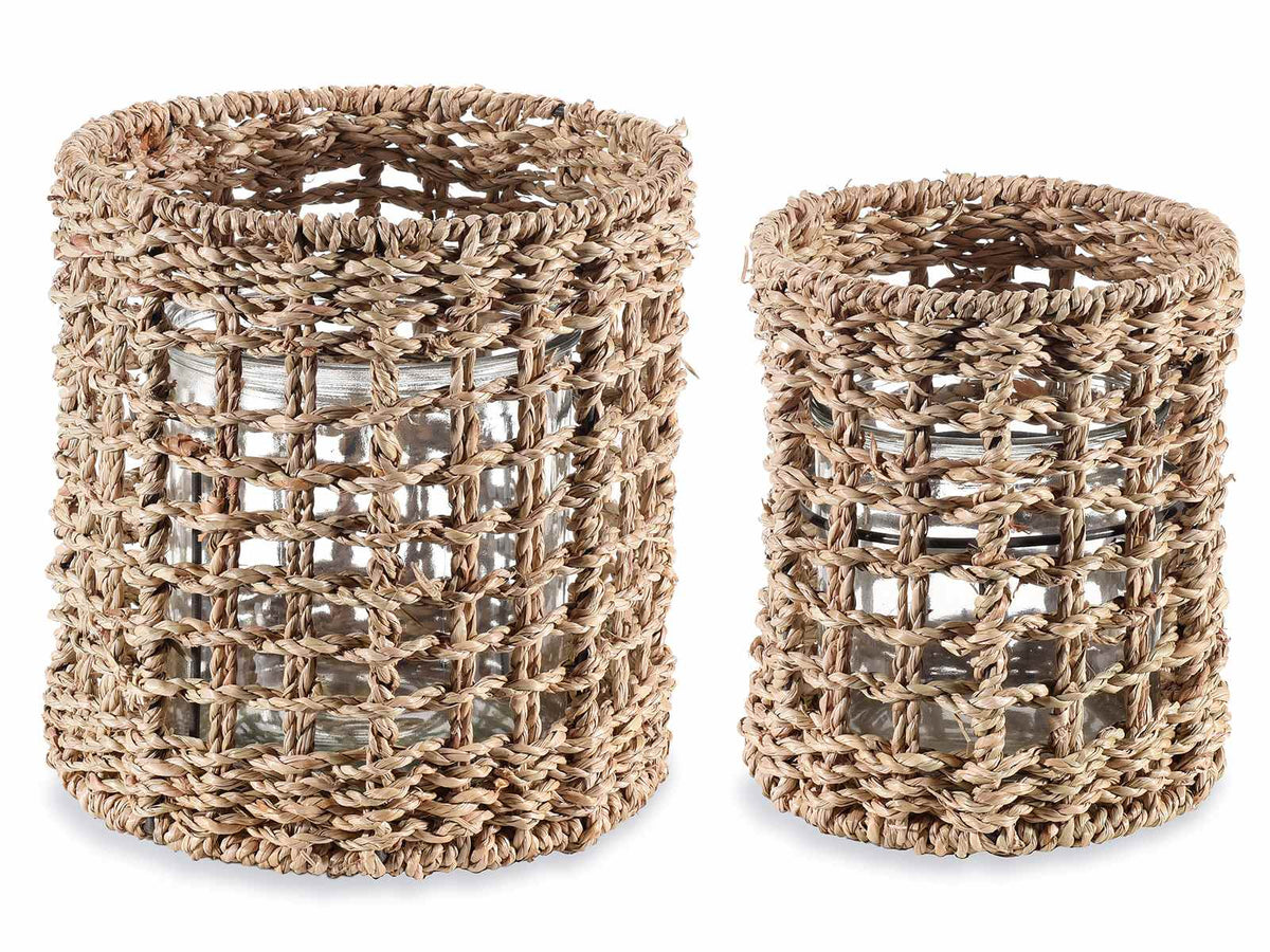 Portacandele / porta utensili in fibra naturale con vasetto di vetro in set, Grande: Ø 17,5 cm x 18,5 H