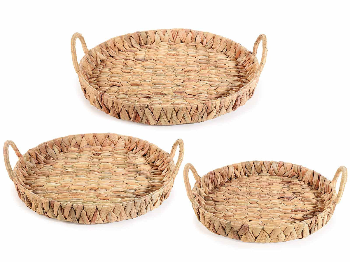 Cestini, vassoi a forma tonda in giacinto intrecciato con manici, Grande: Ø 36 cm x 4 H