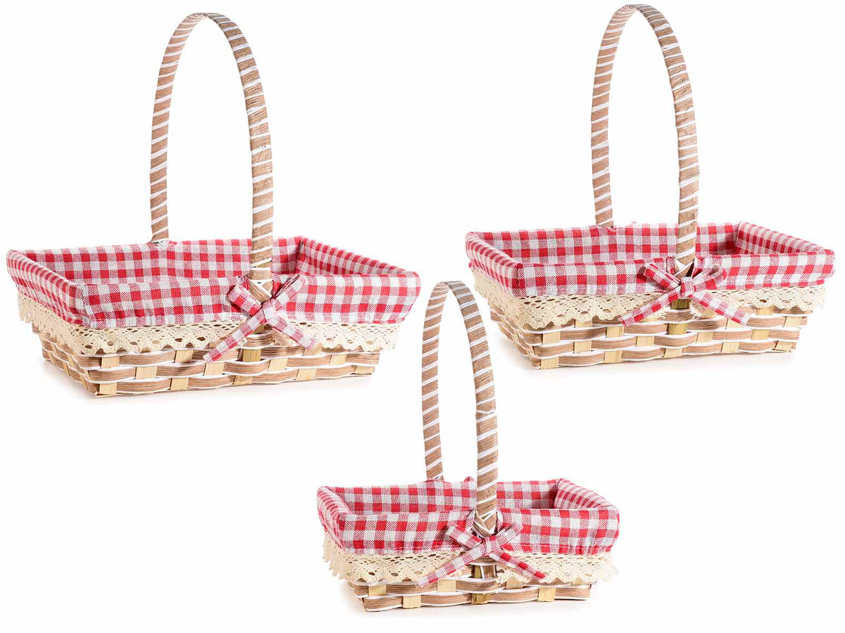 Cestini in corda di carta e tessuto rosso a quadri con fiocco decorativo, set da 2 pezzi, Grande: cm 27 x 23 x 8,5 H