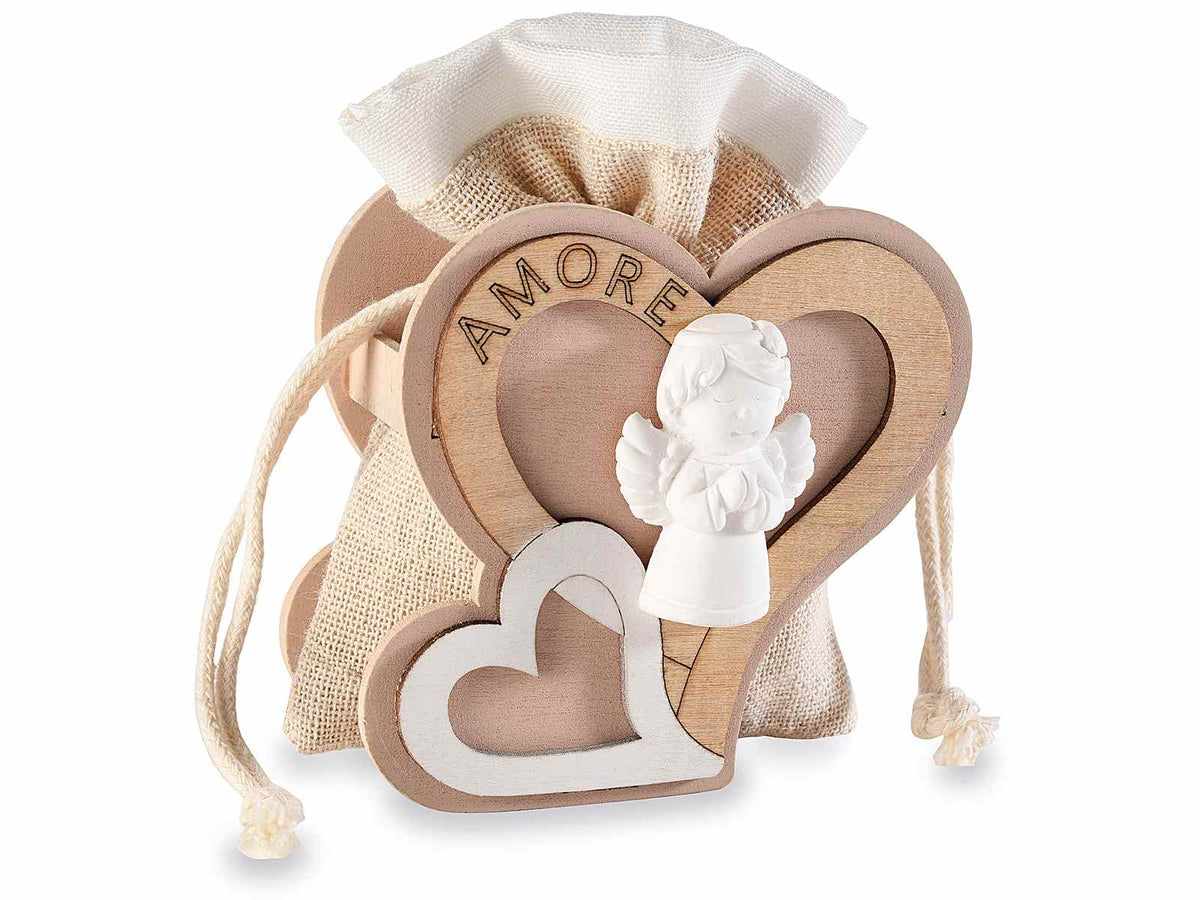 Cuori in legno con scritta amore e con angioletto in gesso e sacchetto di juta, set da 20 pezzi, cm 8 x 4,5 x 7,5 H