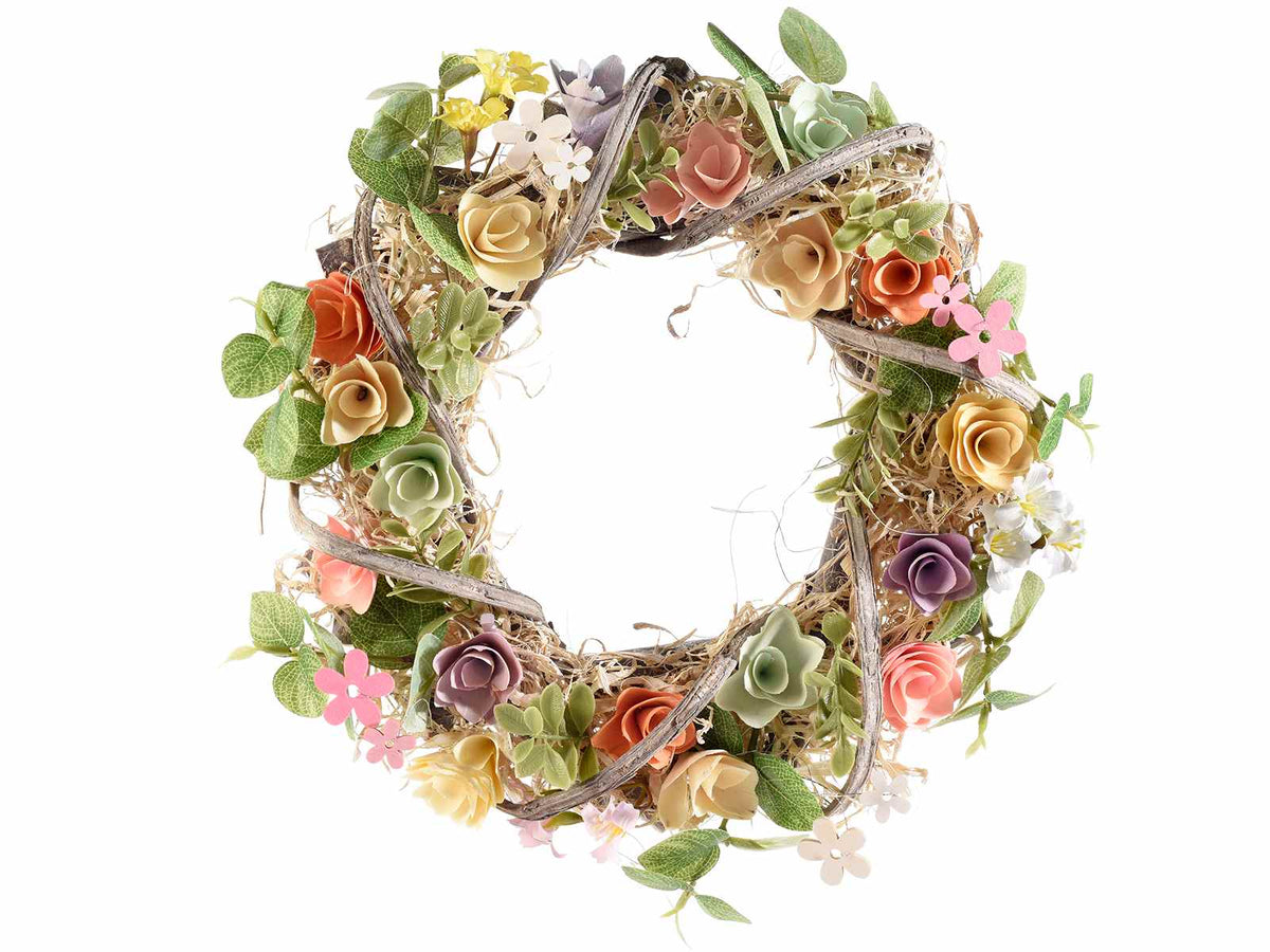 Ghirlande in legno con fiori colorati in legno e stoffa, set da 2 pezzi, Ø 31 cm - Interno: Ø 15