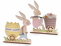 Coniglietti decorativi in legno colorato con carretto e decori pasquali, set da 8 pezzi, cm 16,5 x 4 x 18 H