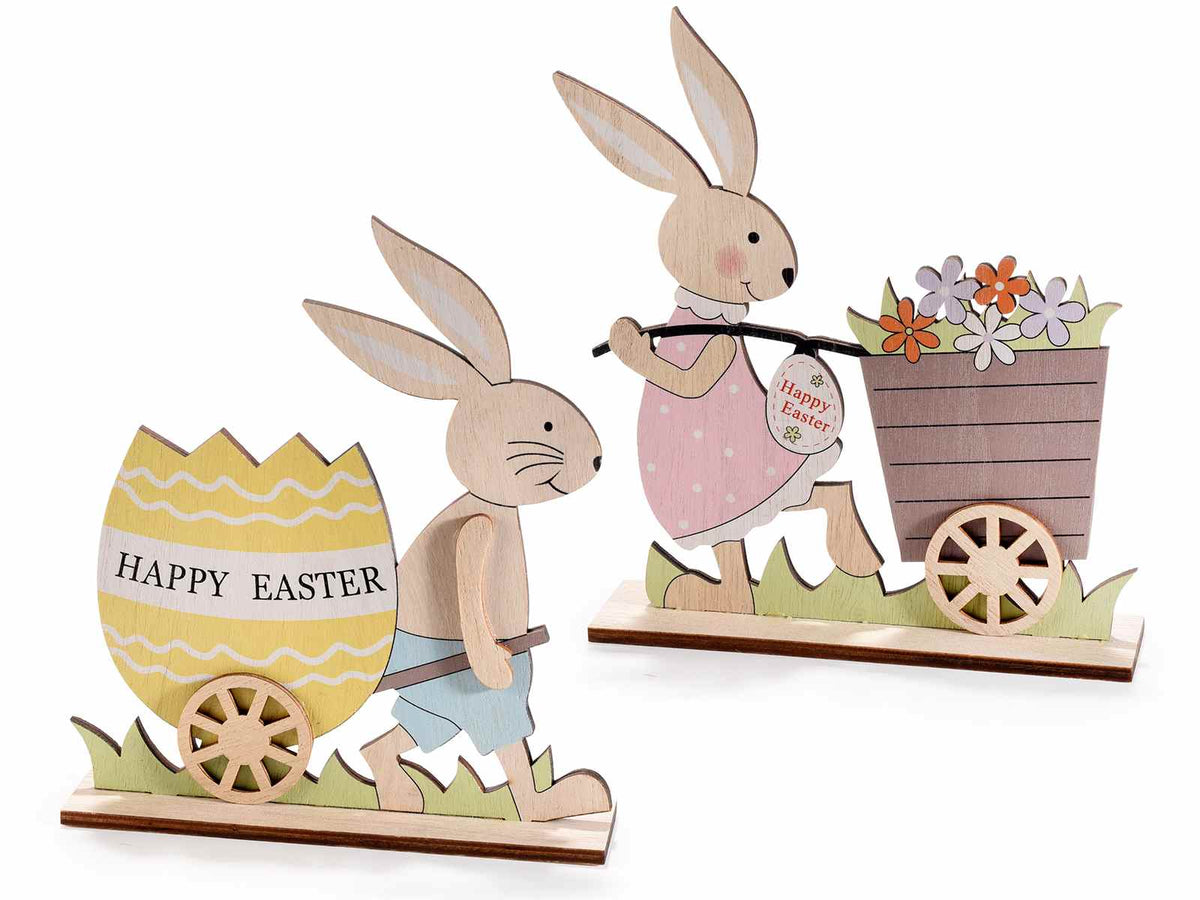 Coniglietti decorativi in legno colorato con carretto e decori pasquali, set da 8 pezzi, cm 16,5 x 4 x 18 H