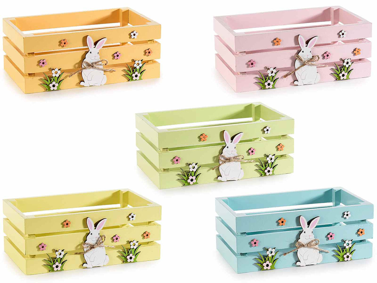 Cassette a cestino pasquale in legno colorato con coniglio bianco e fiorellini, set da 5 pezzi, cm 18 x 11 x 7 H
