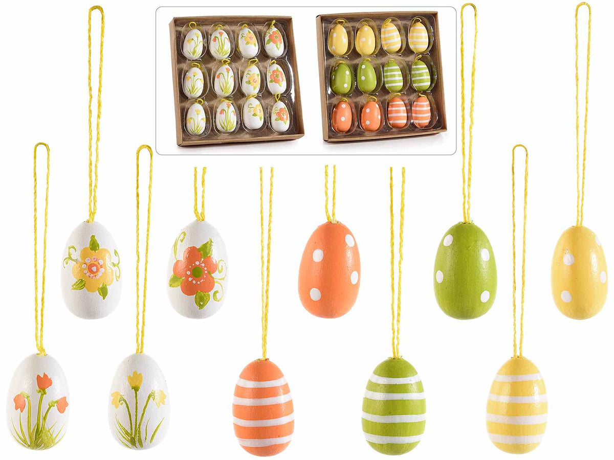 Uova in legno di Pasqua da appendere in espositore da 12 pezzi dipinte a mano, set da 6 pezzi, Ø 2 cm x 3 H