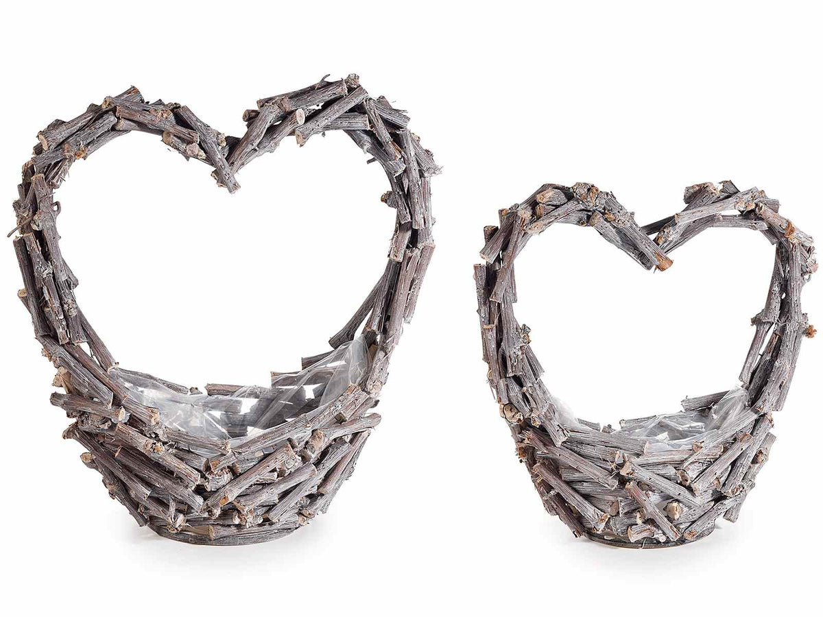 Cestini portafiori in legno con manico a forma di cuore, per San Valentino, set da 2 pezzi, Grande: cm 40 x 18 x 10 H