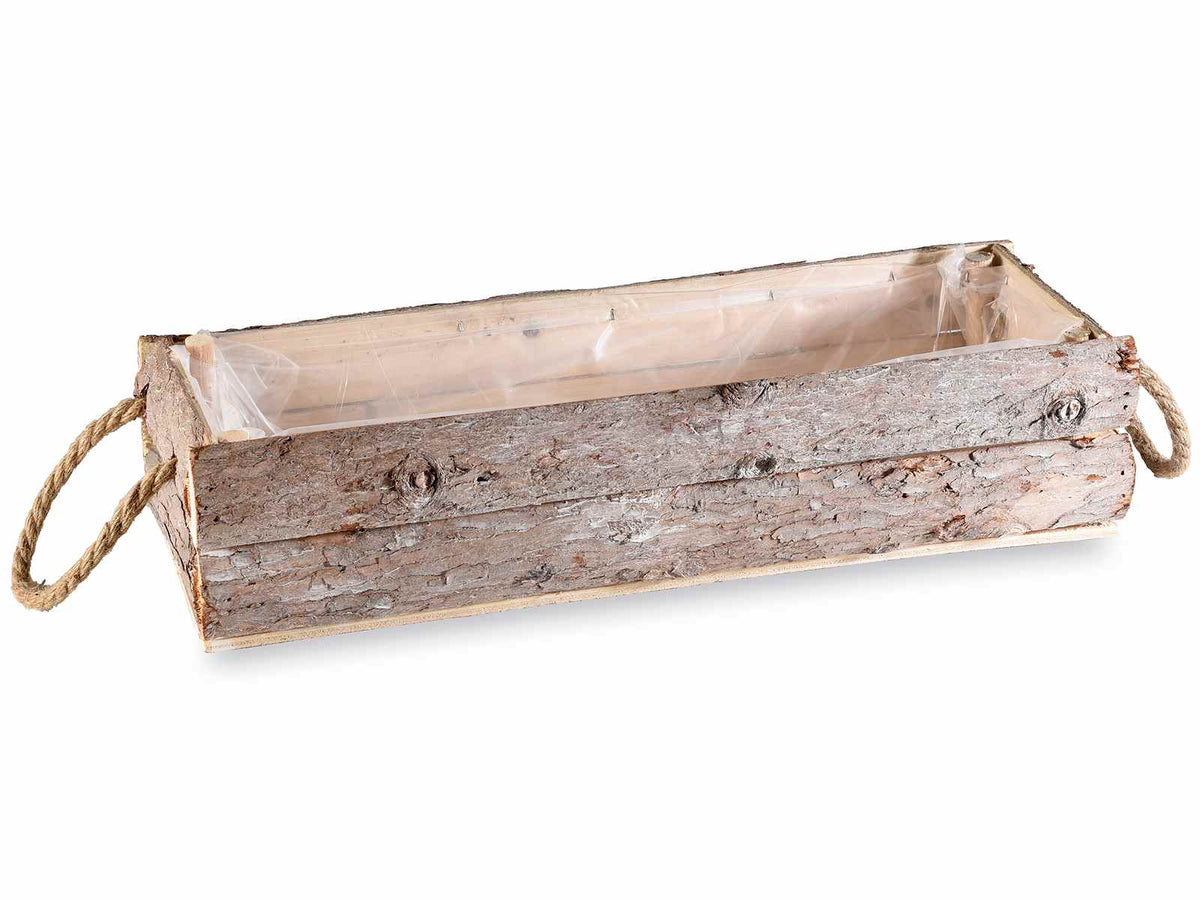 Vasi a cestino rettangolare in legno con manici in corda e rivestimento interno, set da 4 pezzi, cm40x12,5x9H (con manici17)