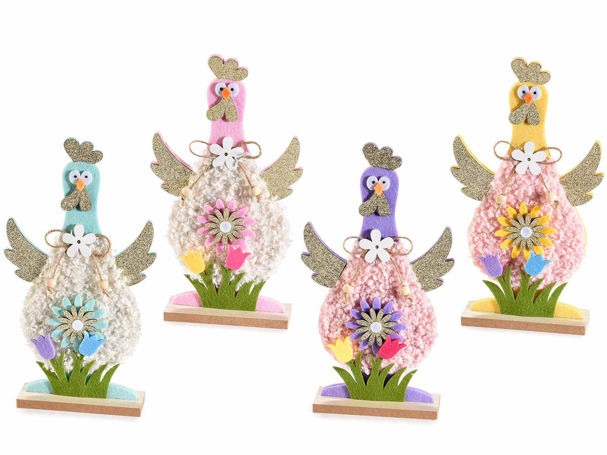 Gallinelle decorative in panno e legno con morbido rivestimento e fiori, set da 8 pezzi, cm 14,5 x 4 x 26 H