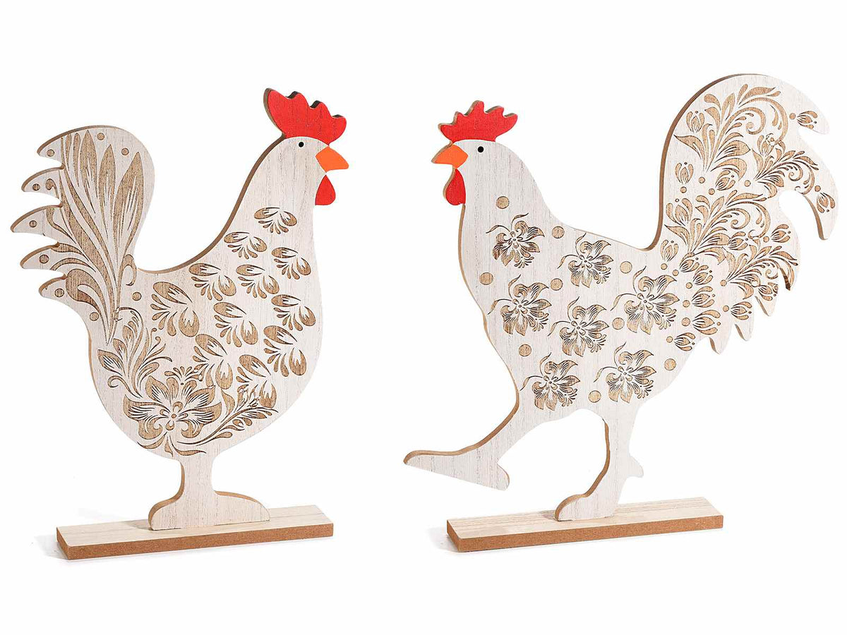 Gallinelle in legno con decori incisi da appoggiare, set da 4 pezzi, cm 29 x 4 x 30 H
