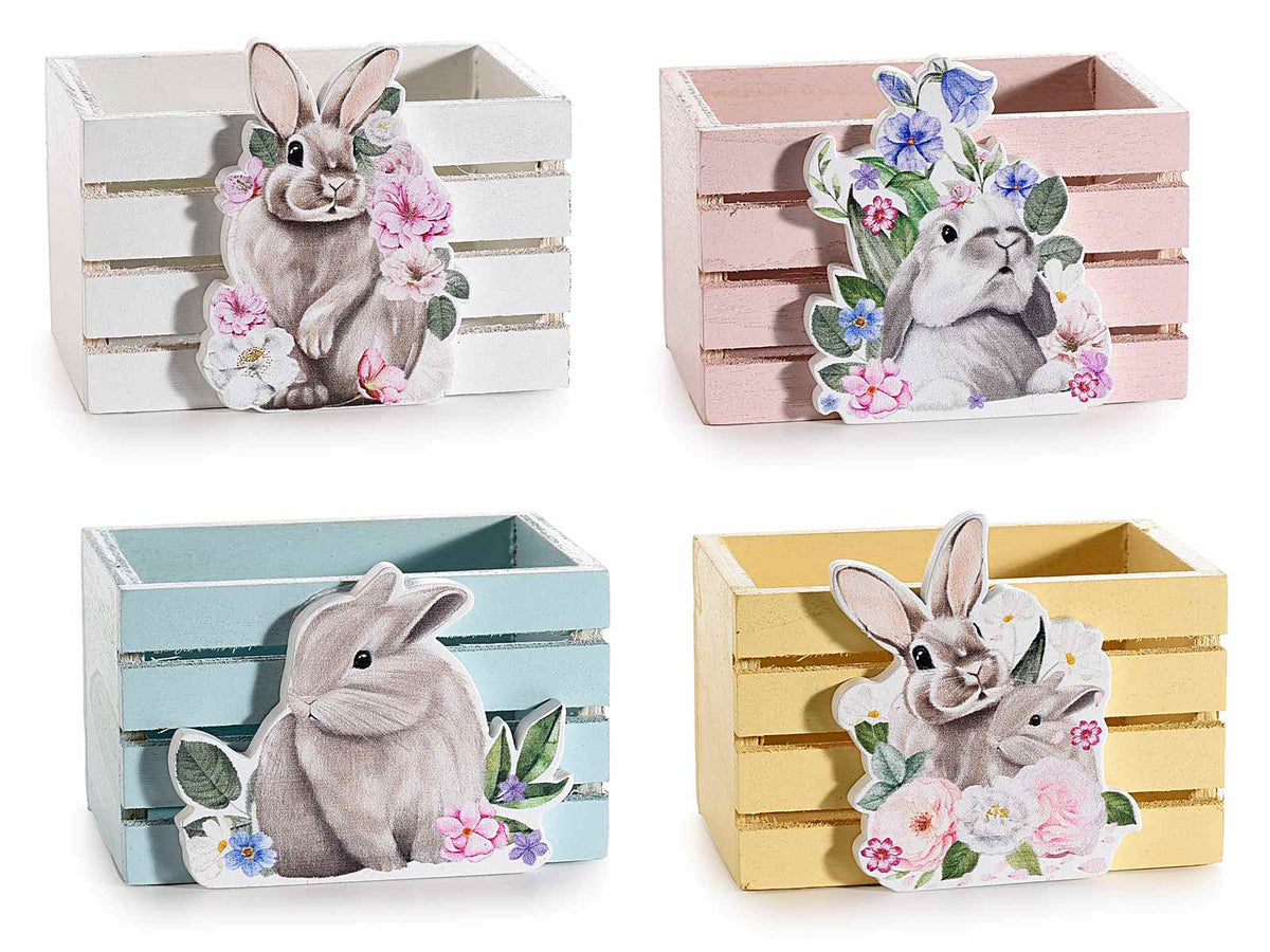 Cestini pasquali in legno colorato a staccionata con decorazioni di coniglietti, set da 8 pezzi, cm 8,5 x 6,5 x 6,5 H