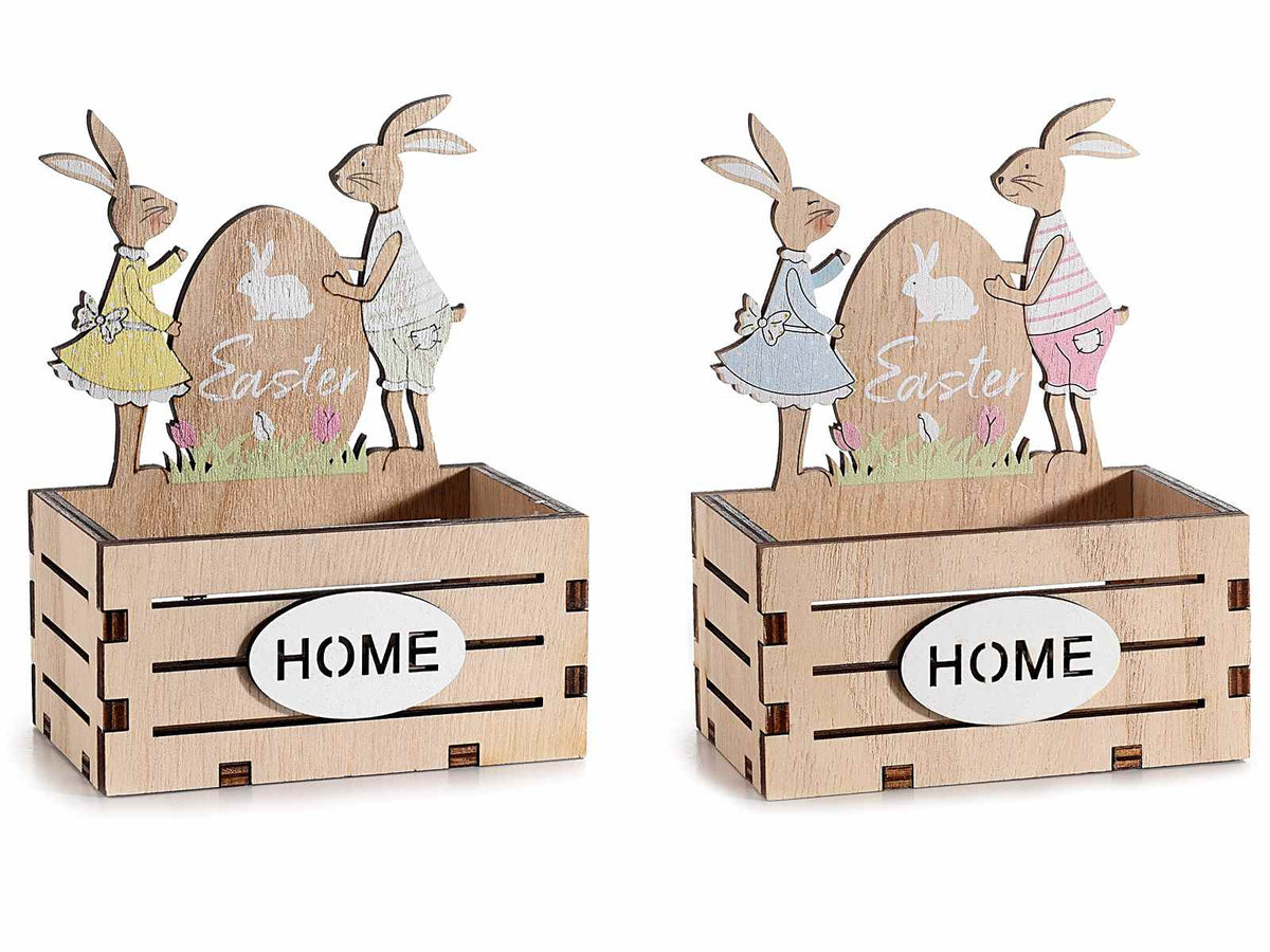 Cestini pasquali in legno a staccionata con coniglietti e scritta Home, set da 8 pezzi, cm 10 x 6,5 x 13 H