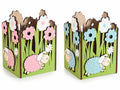 Cestini di Pasqua in legno colorato con prato fiorito e pecorella, set da 4 pezzi, cm 11,5 x 10,5 x 15,5 H