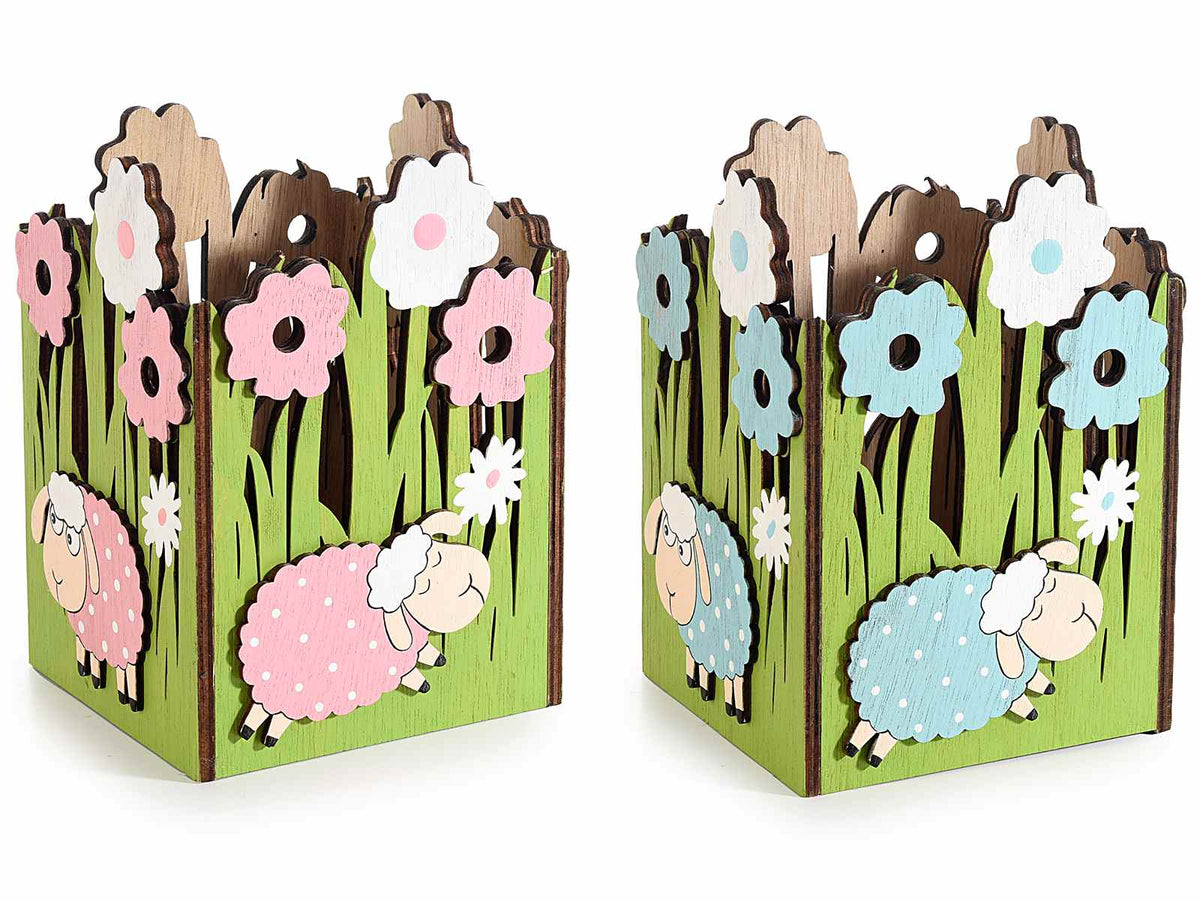 Cestini di Pasqua in legno colorato con prato fiorito e pecorella, set da 4 pezzi, cm 11,5 x 10,5 x 15,5 H