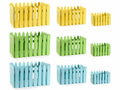 Cestini / Cassette in legno colorato a forma di staccionata, set da 3 pezzi, Grande: cm 25 x 16,5 x 14 H