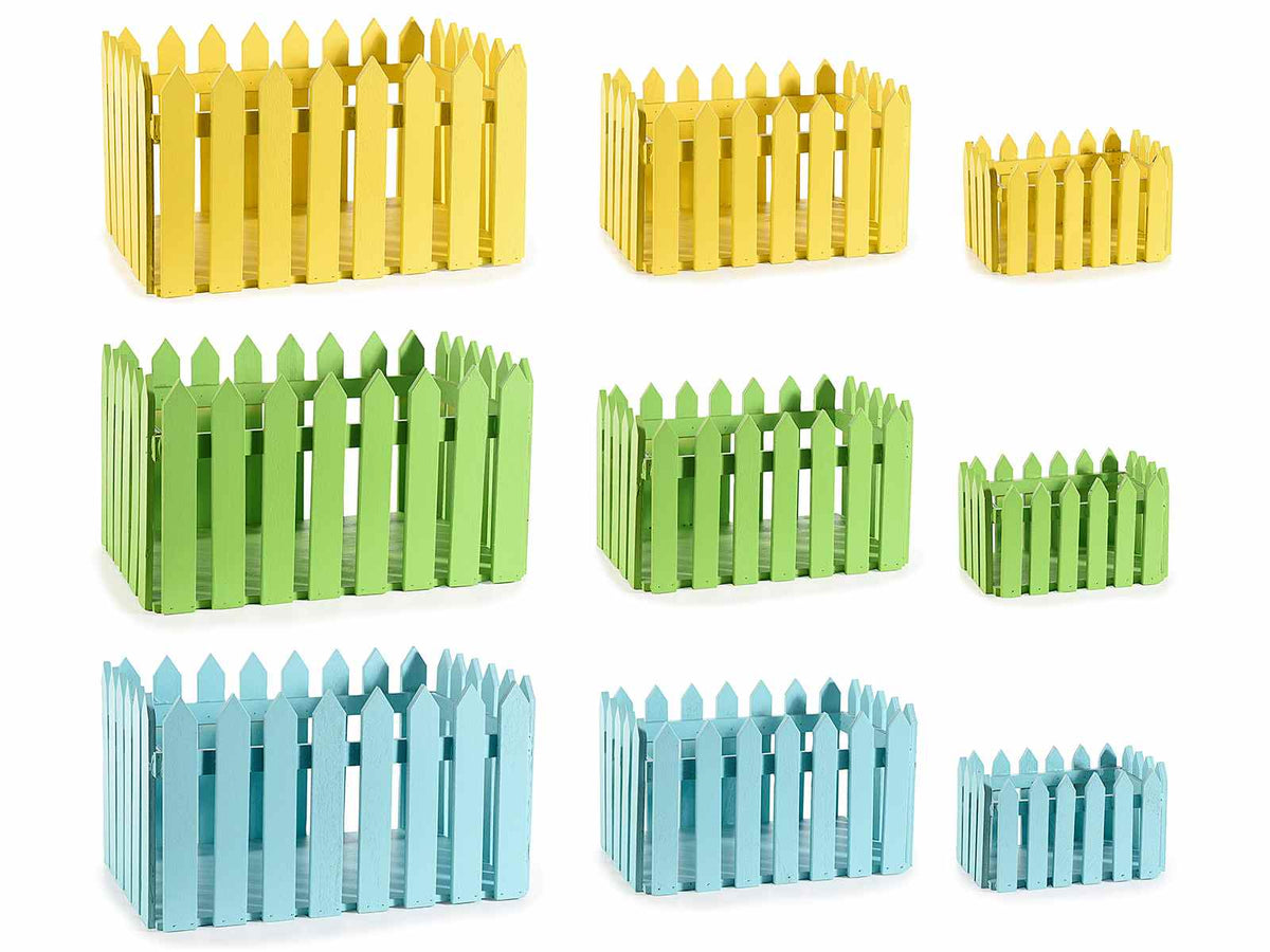 Cestini / Cassette in legno colorato a forma di staccionata, set da 3 pezzi, Grande: cm 25 x 16,5 x 14 H