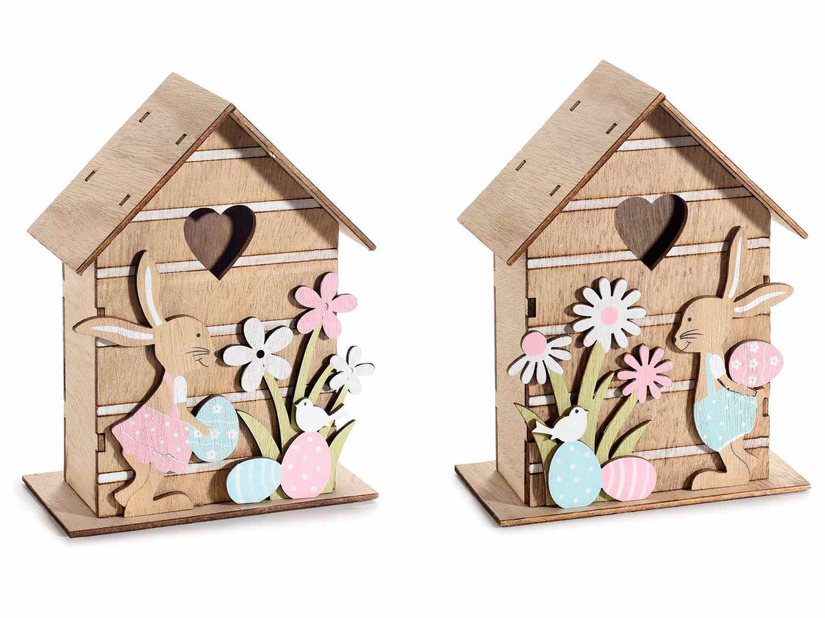 Casette pasquali decorative in legno con coniglio, fiori e intaglio cuore, set da 6 pezzi, cm 12 x 6,5 x 15,5 H