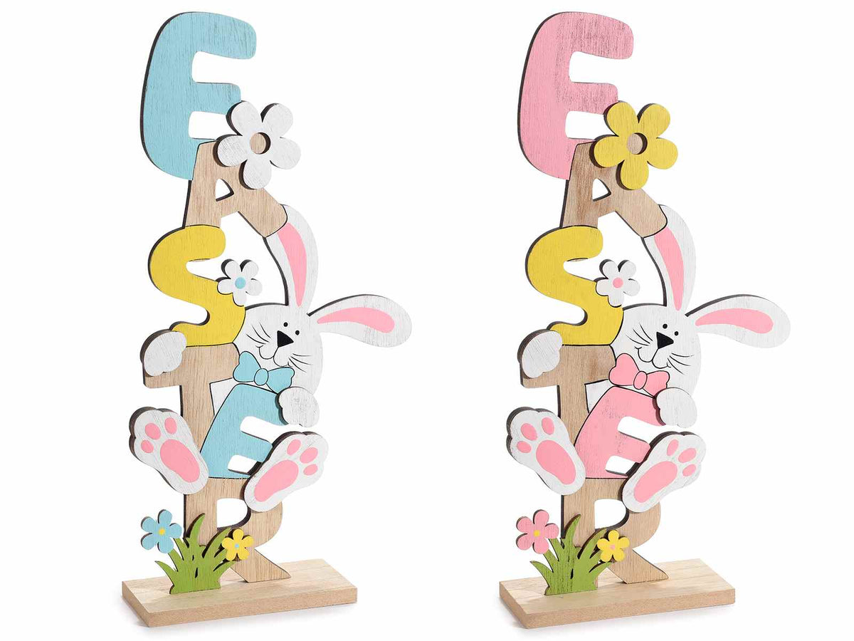 Scritta pasquale Easter in legno colorato con conigli e fiori, set da 6 pezzi, cm 18 x 6 x 35 H