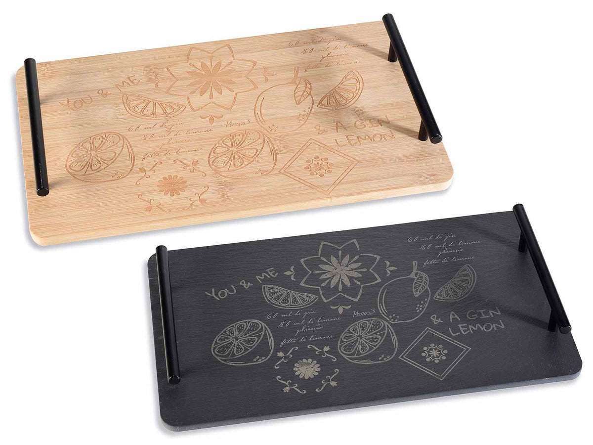 Tagliere a vassoio alimentare in bamboo e ardesia con manici in metallo, set da 2 pezzi, cm 35 x 20 x 4,5 H