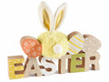 Scritte Easter in legno colorato con uova e pompon a coniglio di Pasqua, set da 6 pezzi, cm19,5x6x15H (orecc.estese)