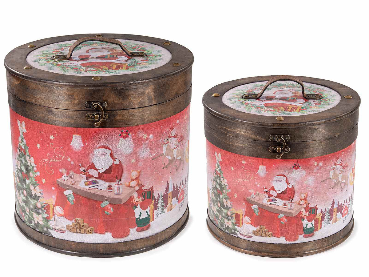 Bauletto cappelliera di Natale in legno con gancio di chiusura, manici, Grande: Ø 35,5 cm x 33 H