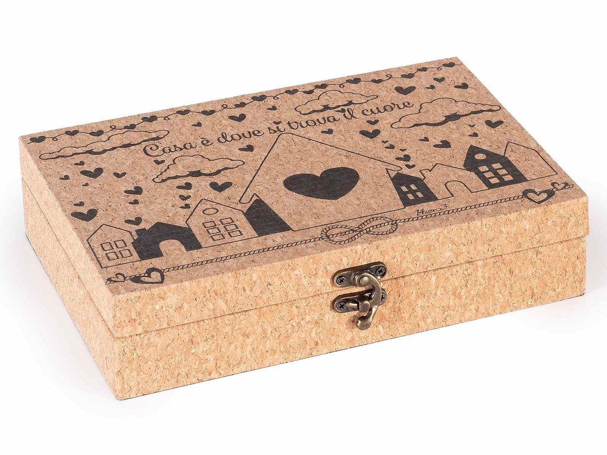 Scatole in legno effetto sughero con gancio e decorazioni famiglia, set da 4 pezzi, cm 24 x 17 x 5,5 H