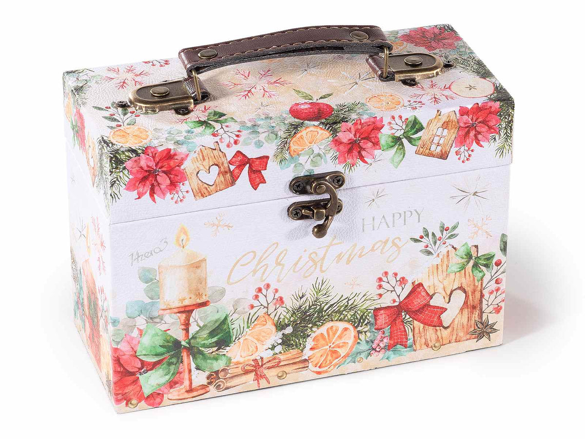 Scatole di Natale a valigetta in legno foderato con manico in similpelle, set da 3 pezzi, cm 20x9x14 H (con manico18)