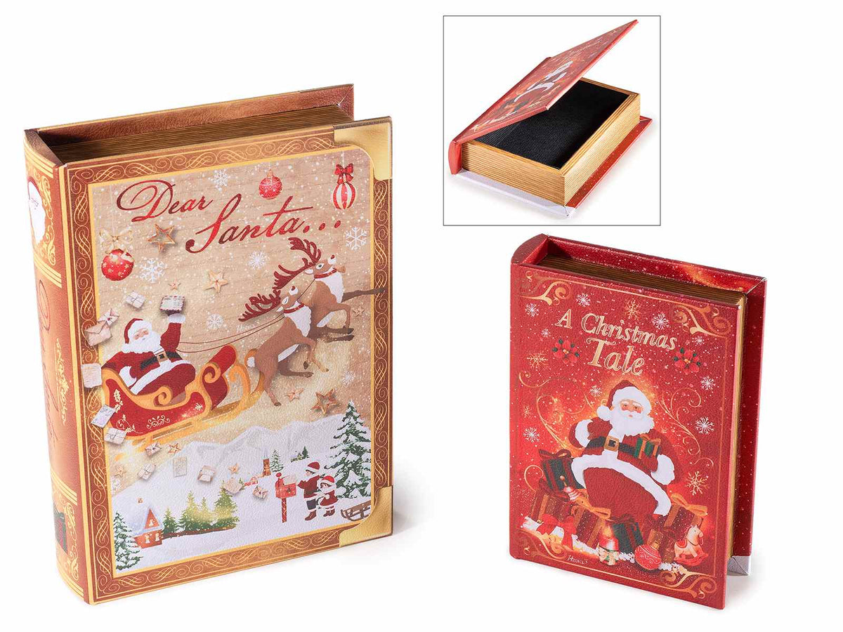 Scatole natalizie a libro in legno foderato in set da due pezzi, set da 2 pezzi, Grande: cm 18 x 25 x 5,5 H