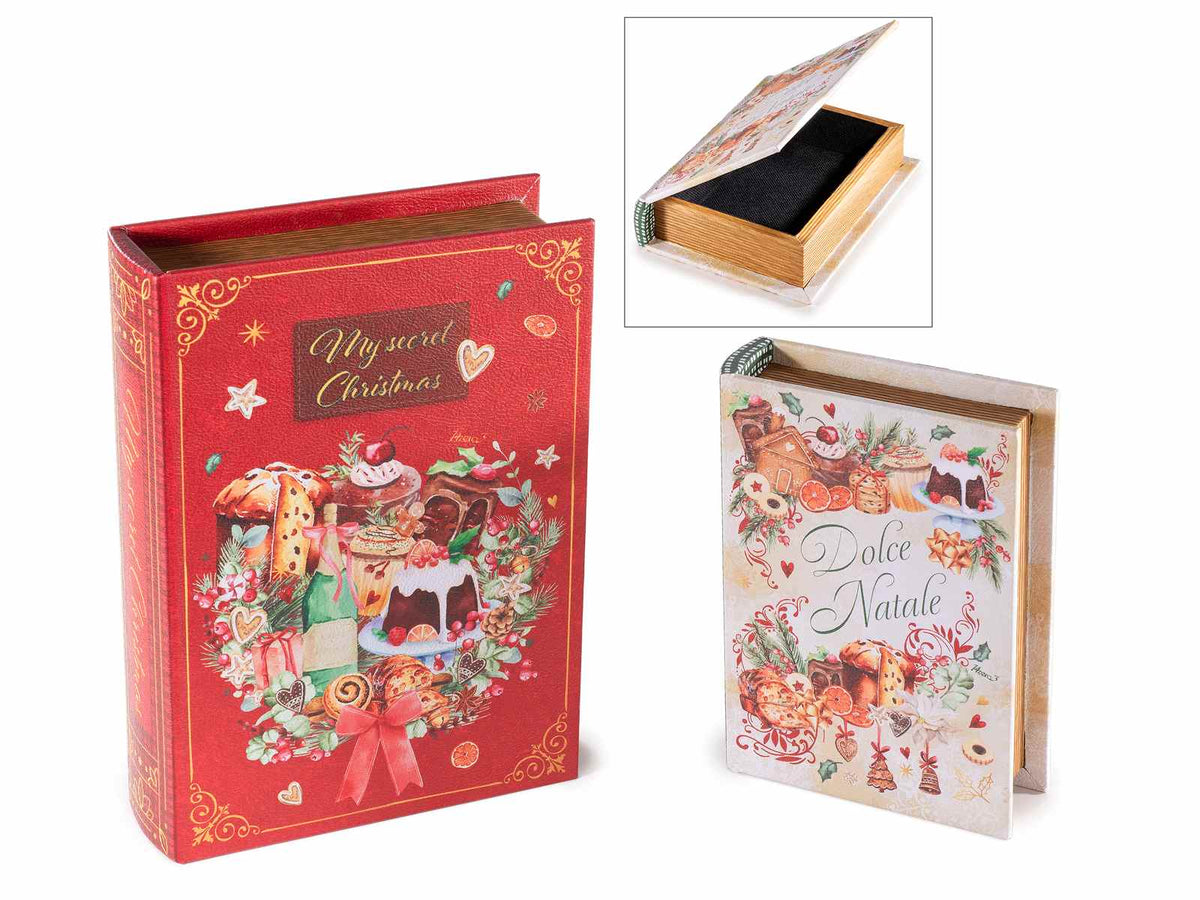 Scatole di Natale a libro in legno foderato con decorazioni dolcetti natalizi, set da 2 pezzi, Grande: cm 18 x 25 x 5,5 H