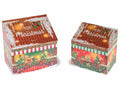 Scatole in legno foderato a forma di casetta, chiusura magnetica e decori natalizi con scritta Merry Christmas, Grande: cm 18 x 12,5 x 18 H