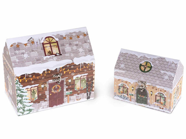 Scatole di Natale in legno foderato a forma di casetta natalizia innevata con gancio di chiusura, Grande: cm 24 x 14 x 21,5 H