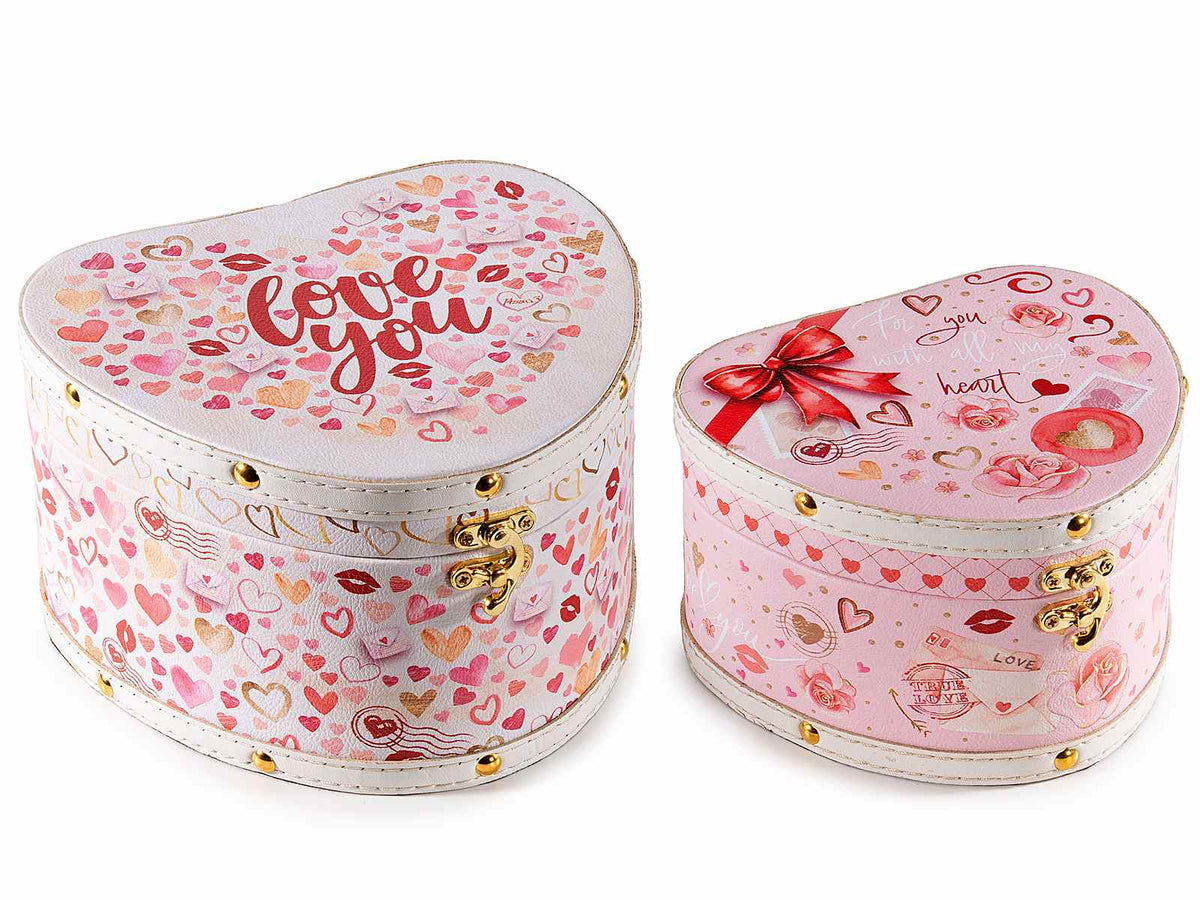 Scatole a forma di cuore con scritta Love You in legno rivestito con gancio, Grande: cm 20 x 18 x 12 H