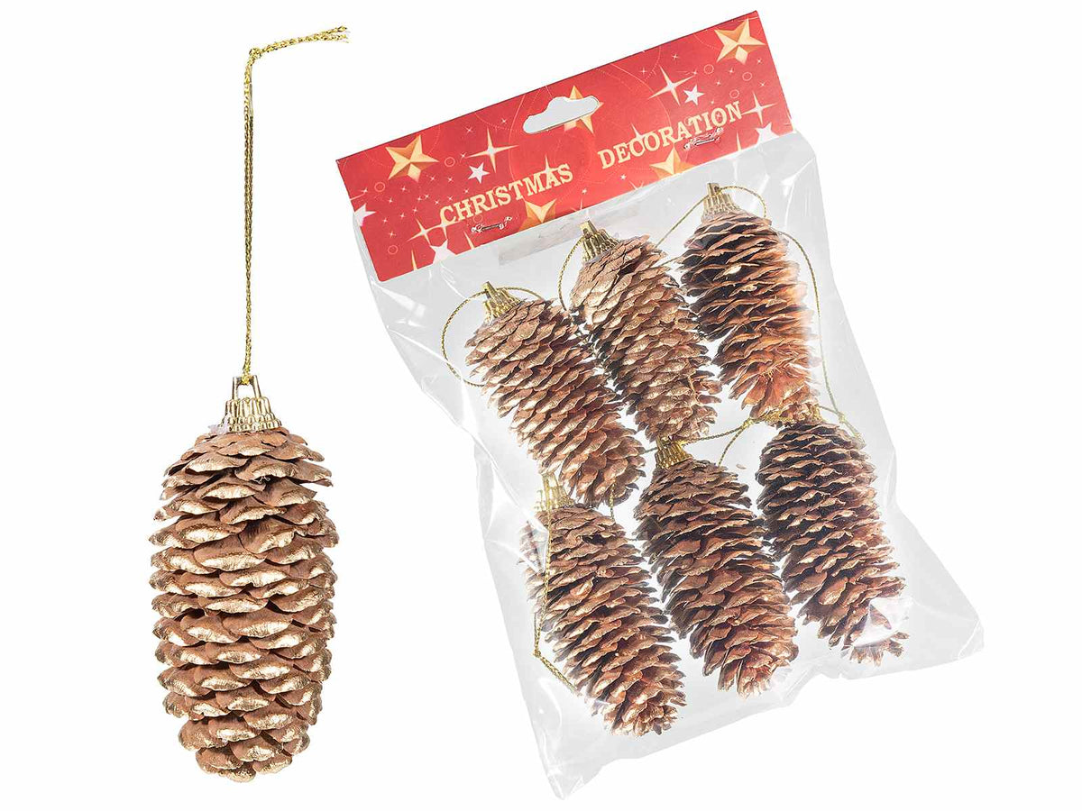 Pigne decorative di Natale dorate da appendere, set da 6 pezzi, Circa cm 8 H