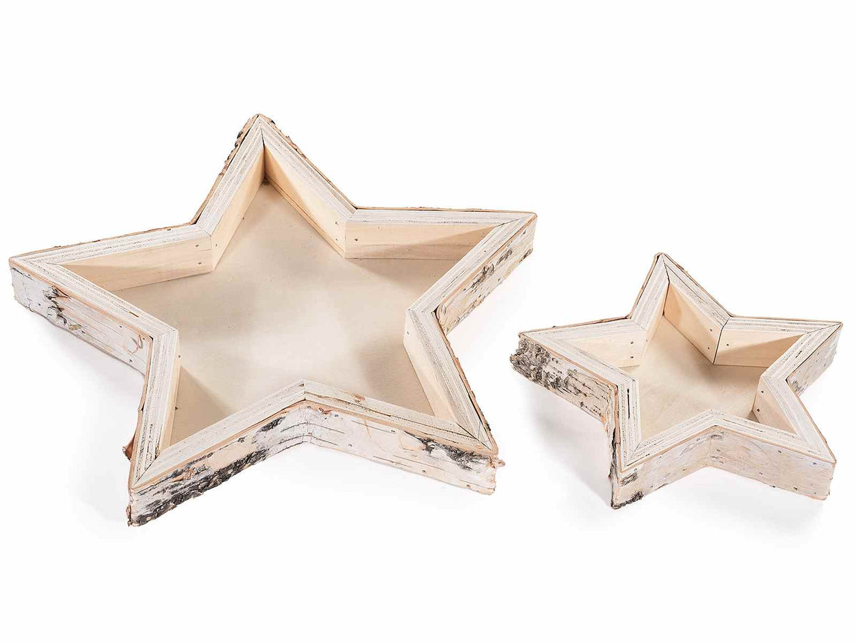 Vassoi natalizi a forma di stella in legno naturale in set da due pezzi, set da 2 pezzi, Grande: cm 30 x 28,5 x 3 H