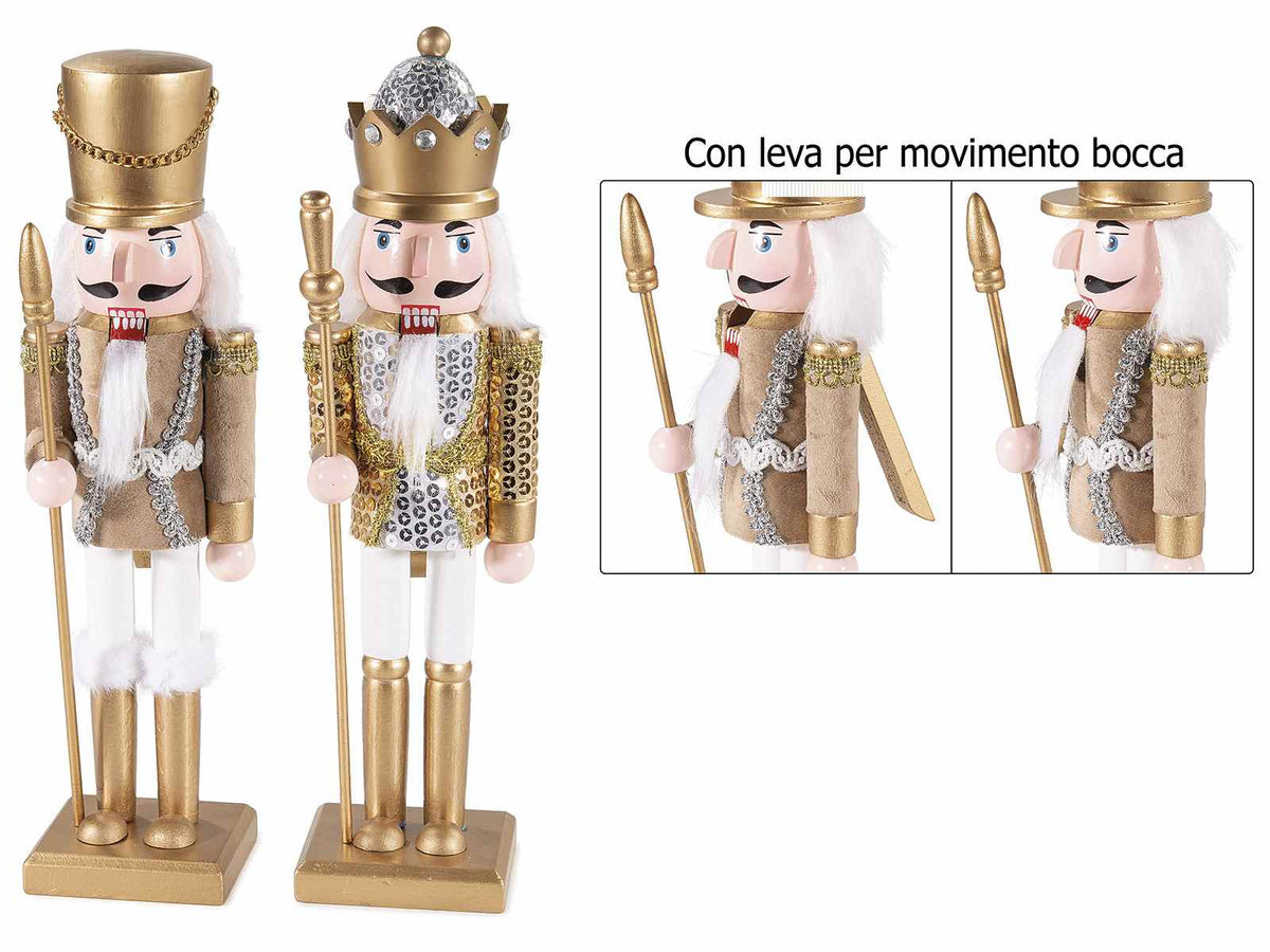 Decorazione di Natale a soldatino schiaccianoci in legno dorato con leva, set da 2 pezzi, cm 8,5 x 8,5 x 31 H