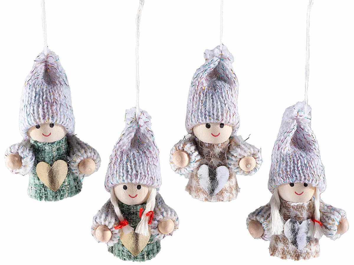 Folletti in legno con cuore e cappello stoffa da appendere all'albero di Natale, set da 24 pezzi, Ø 3 cm x 7 H