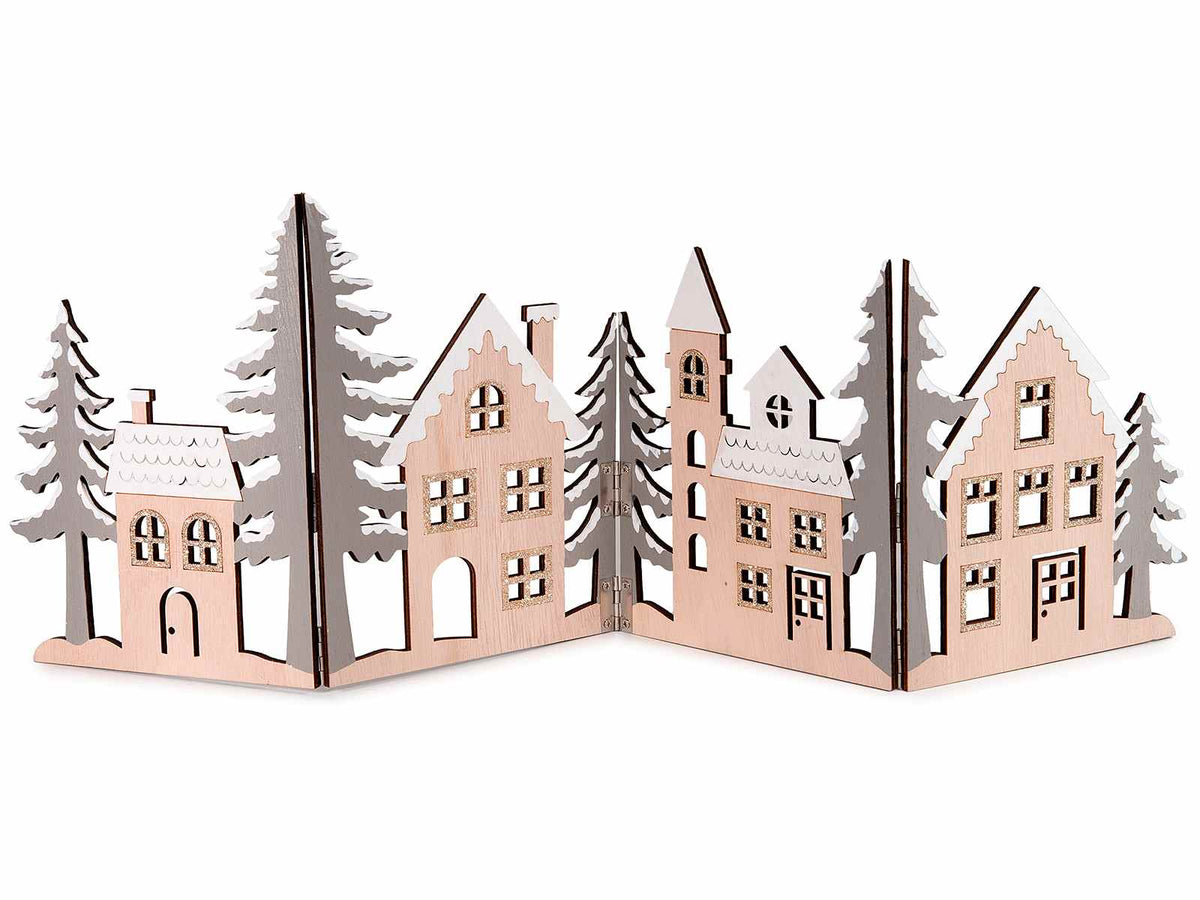 Decorazione natalizia per vetrina a villaggio natalizio in legno pieghevole, set da 2 pezzi, cm 59 x 20,5 H