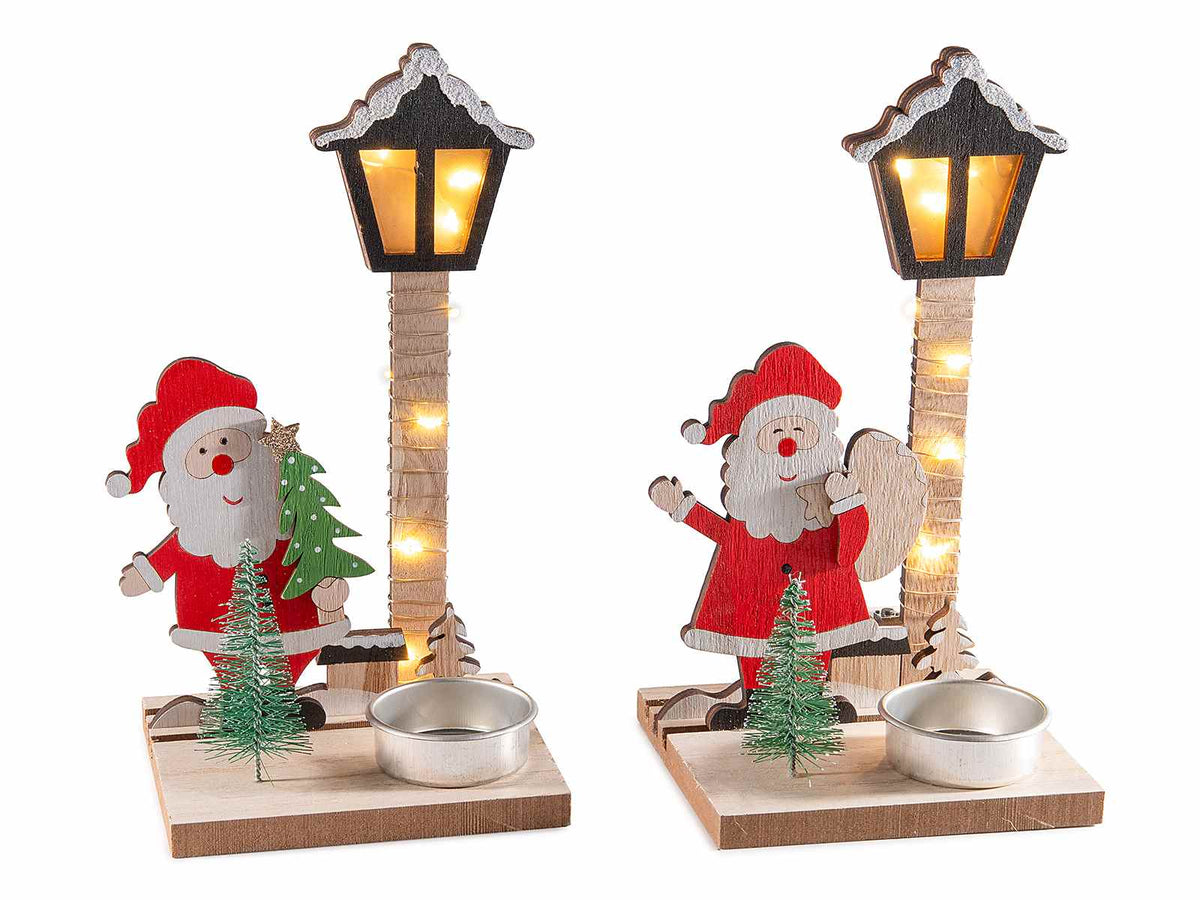 Decorazioni natalizie in legno con portatealight, Babbo Natale e luci LED, set da 6 pezzi, cm 10,5 x 9 x 18,5 H