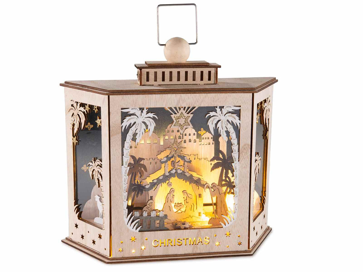 Lanterne con Presepe in legno intagliato e luci LED, cm 26 x 8,5 x 24 H