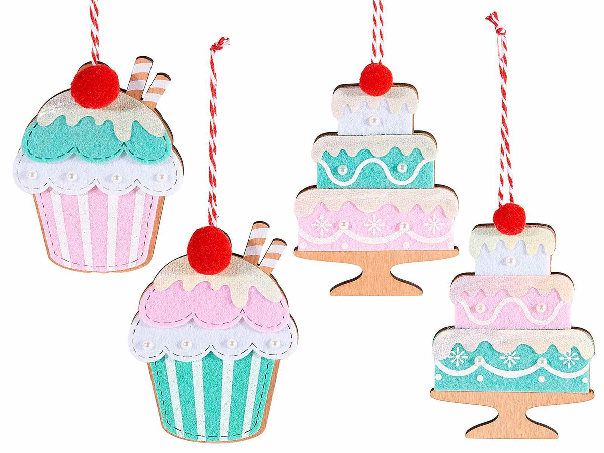 Addobbi albero di Natale a dolcetto torta / cupcake in legno e feltro colorato, set da 16 pezzi, cm 8 x 11,5 H