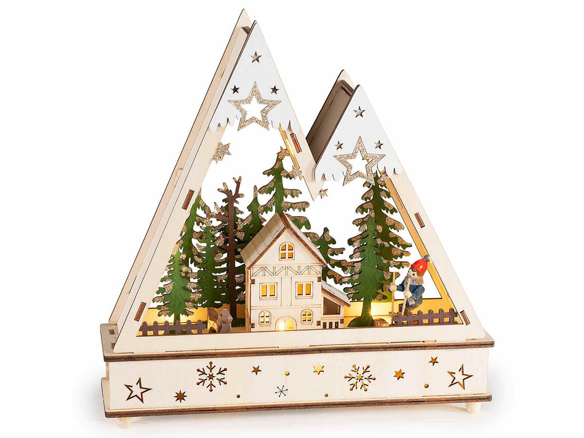 Decori di Natale a villaggio in legno naturale con paesaggio invernale con luci LED, cm 27 x 6,5 x 27,5 H