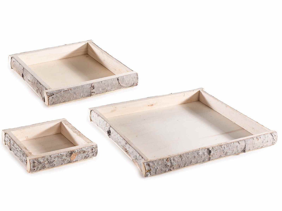Vassoi quadrati in legno naturale a corteccia, set da 3 pezzi, Grande: cm 38 x 38 x 4 H