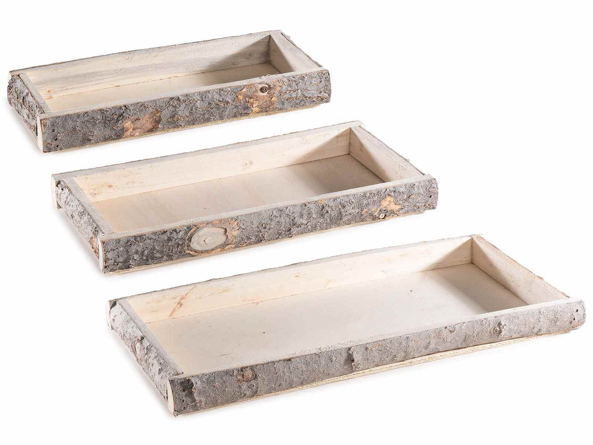 Vassoi rettangolari in legno naturale a corteccia, set da 2 pezzi, Grande: cm 48 x 23 x 4 H