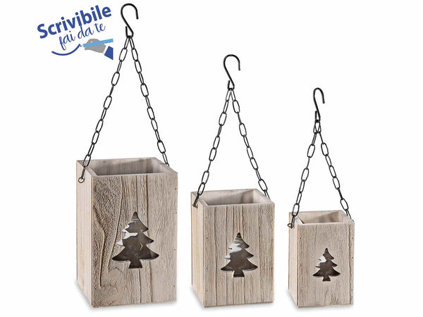 Lanterne natalizie in legno con vasetto di vetro e intaglio ad albero con corda, Grande: cm 15 x 15 x 23 H