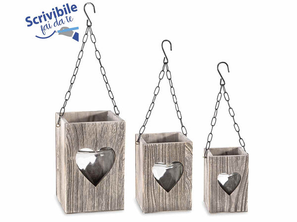 Lanterne in legno e metallo con vasetto in vetro da appendere e finestrella, Grande: cm 15 x 15 x 23 H