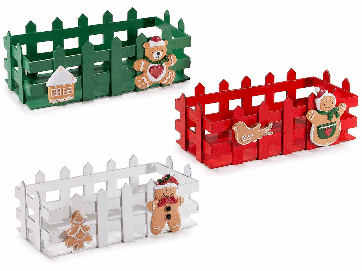 Cassette a cestino di Natale in legno a staccionata con decori pan di zenzero, set da 3 pezzi, cm 23 x 11 x 8 H